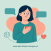 Mujer con mano en el pecho, bocadillos vacíos y vínculo cerebro-corazón; representa la alexitimia y la dificultad para expresar emociones.